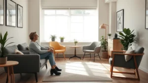 Person sitting peacefully in a modern therapy office with soft natural lighting, comfortable seating, calm neutral colors, professional yet welcoming environment