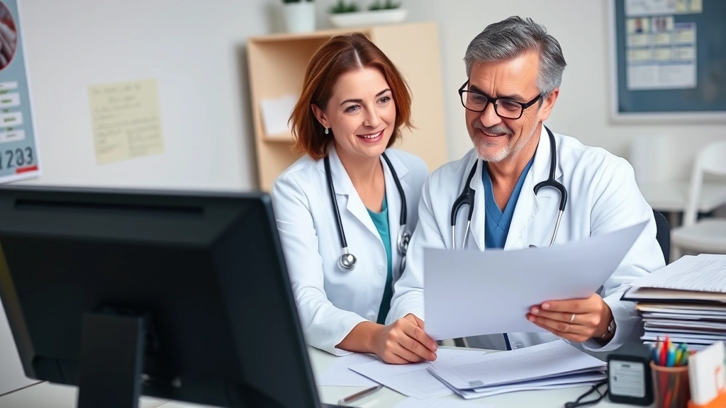 Healthcare professional reviewing mental health treatment plan at desk with computer, papers, clinical setting, focused and caring demeanor, organized workspace