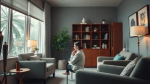 Professional therapist's office interior with comfortable seating, soft lighting, and calming decor, person sitting in thoughtful pose looking out window