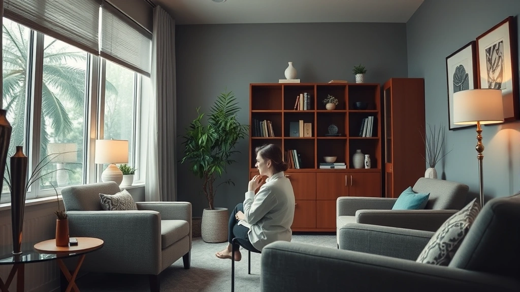Professional therapist's office interior with comfortable seating, soft lighting, and calming decor, person sitting in thoughtful pose looking out window