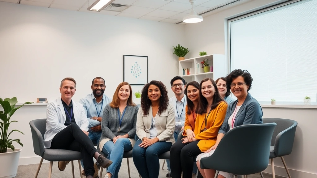 Diverse group of mental health professionals in modern clinic setting, collaborative atmosphere, healthcare environment with welcoming ambiance