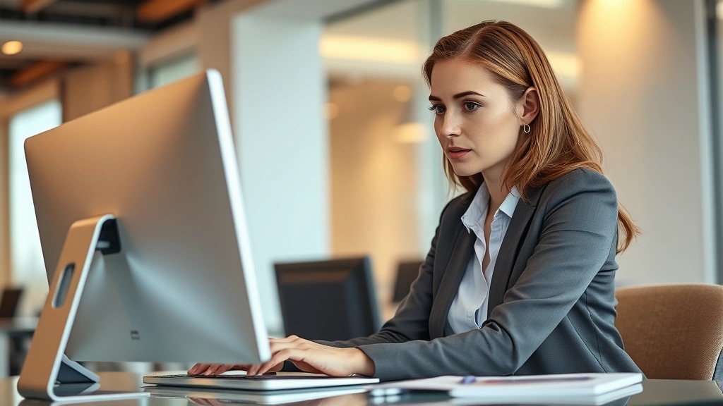 Professional woman sitting at desk looking at computer screen with focused expression, modern office environment with soft lighting, warm and welcoming atmosphere