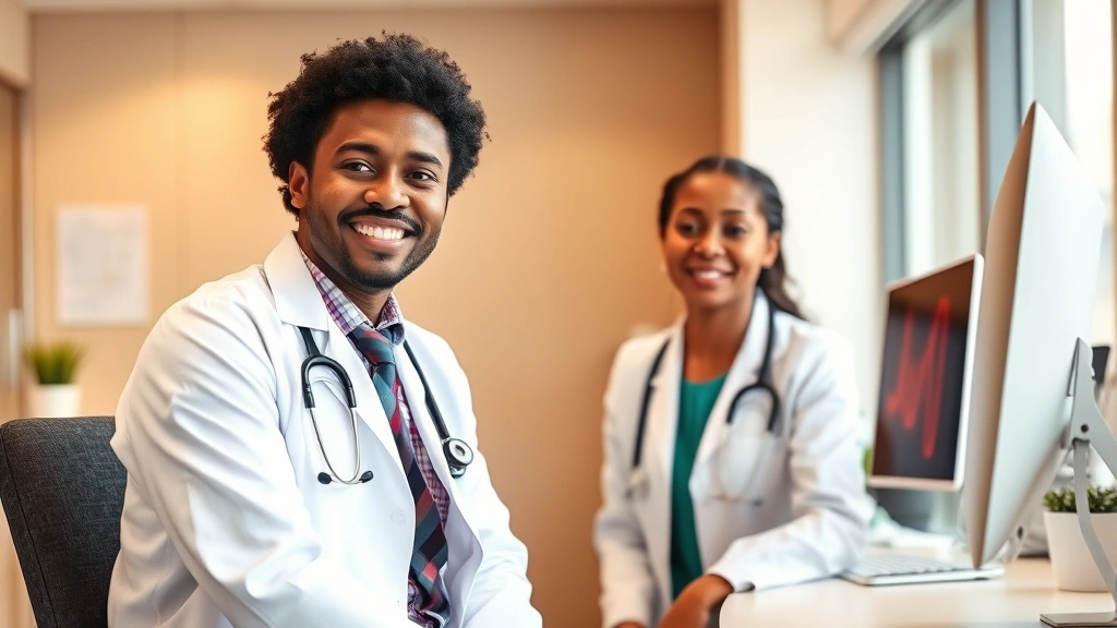 Diverse healthcare professional in white coat in a modern medical office, friendly and approachable expression, sitting at desk with computer, warm neutral background