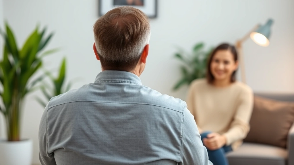 Person in therapy session from behind, facing another person across from them in conversation, comfortable clinical office setting with soft lighting and plants, genuine human connection moment