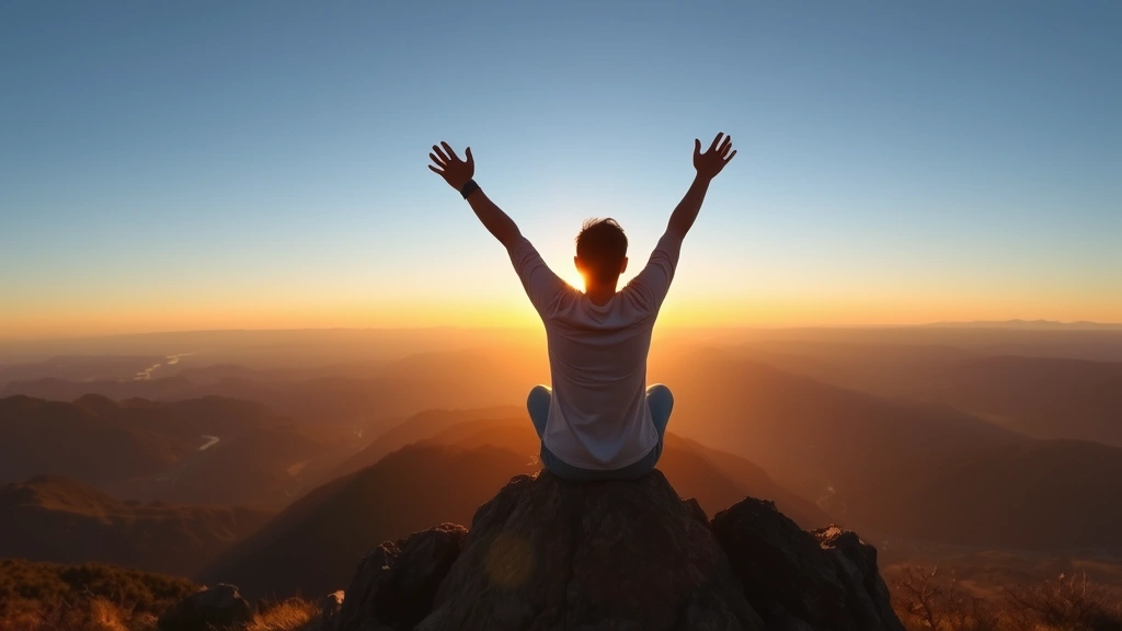 Person sitting on mountain peak at sunrise, arms raised in triumph, overlooking vast valley landscape, golden light, peaceful expression, embodying achievement and perspective