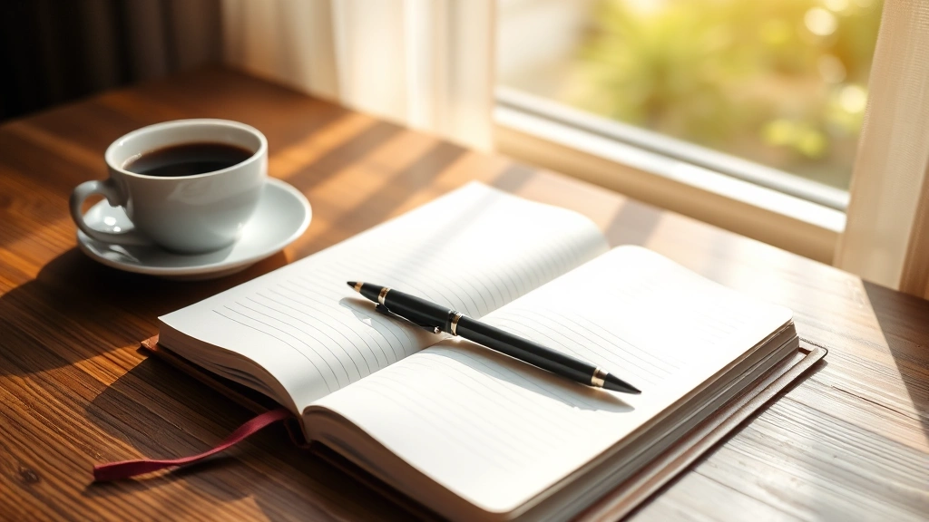 Open journal with pen on wooden desk, morning coffee nearby, sunlight streaming through window, symbolizing reflection and personal growth practice