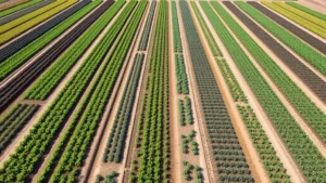 Aerial view of organized agricultural field demonstration plots with multiple crop varieties, clear pathways between sections, professional setup with measurement markers and observation points