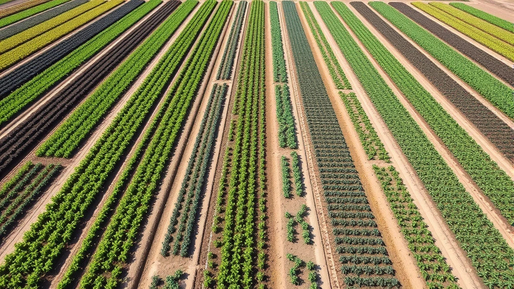 Aerial view of organized agricultural field demonstration plots with multiple crop varieties, clear pathways between sections, professional setup with measurement markers and observation points