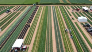 Aerial view of a large outdoor agricultural demonstration field with rows of different crop varieties, equipment displays, and groups of people scattered throughout observing experiments and innovations
