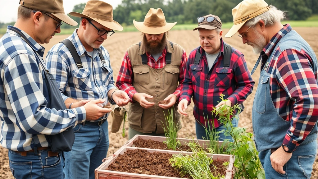 Group of farmers and agricultural professionals engaged in discussion at outdoor field station, examining soil samples and crop specimens with genuine interest and collaboration