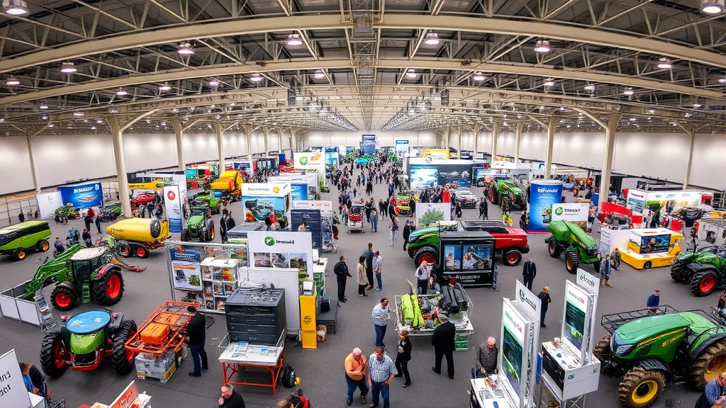 Wide view of bustling agricultural conference exhibition hall with multiple vendor booths displaying modern farming equipment, technology displays, and attendees exploring innovations