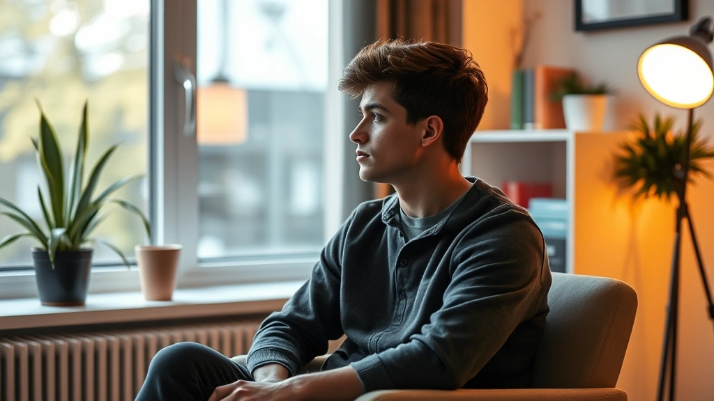 Teenager sitting in modern therapy office with warm lighting, looking thoughtful at a window, no text or identifying details visible