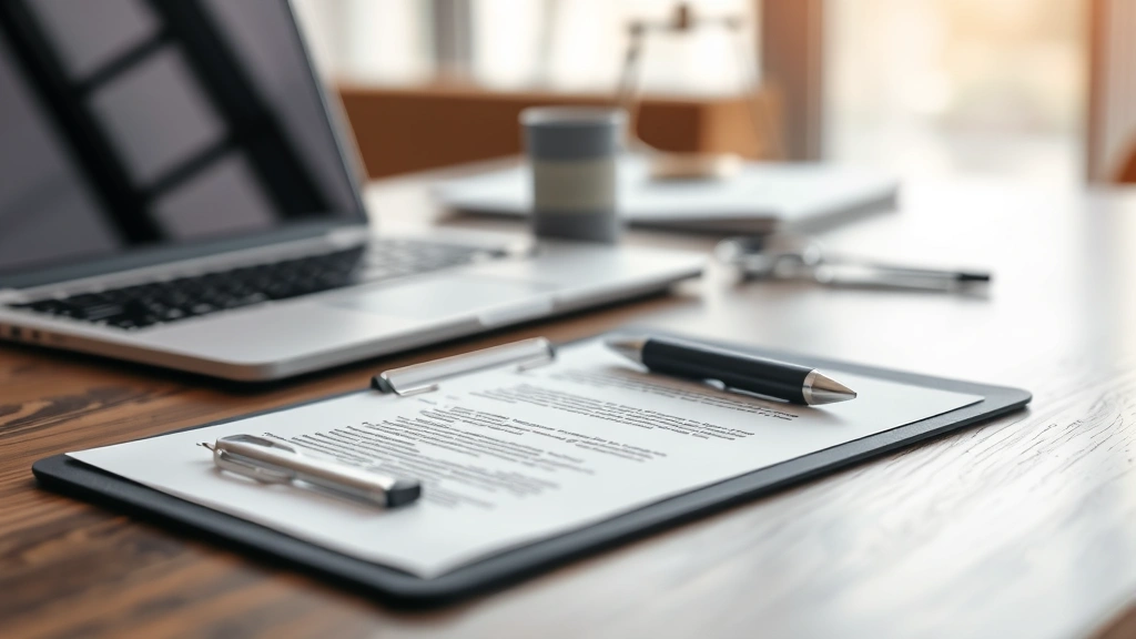Open legal document or clipboard with pen on desk next to laptop, abstract blur suggesting medical office environment, no readable text