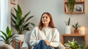 Peaceful person sitting in comfortable therapy office with soft lighting, plants, and calming interior design, looking thoughtful and at ease during mental health consultation