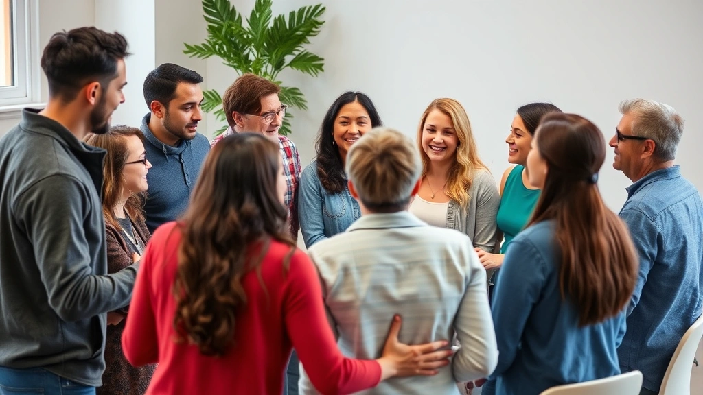 A diverse group of people in a supportive circle, engaged in conversation with open body language and warm expressions, representing community connection and peer support