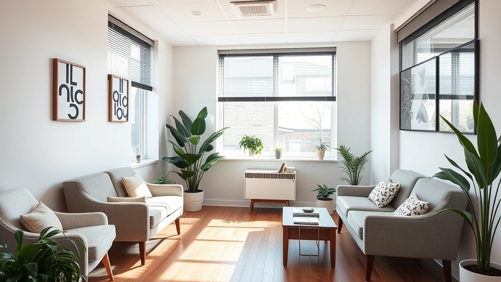 A calm professional office space with comfortable seating, plants, and natural light, creating a welcoming therapeutic environment for mental health treatment