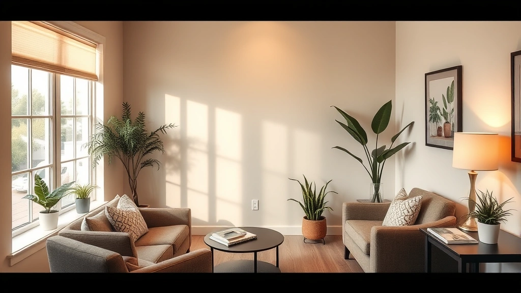 Serene office setting with comfortable seating, warm lighting, and a therapist's workspace with notebooks and plants, professional yet welcoming atmosphere