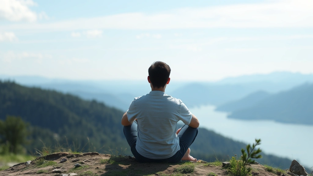 Person sitting peacefully in nature, looking toward a horizon with mountains or water, symbolizing hope and mental clarity without showing face