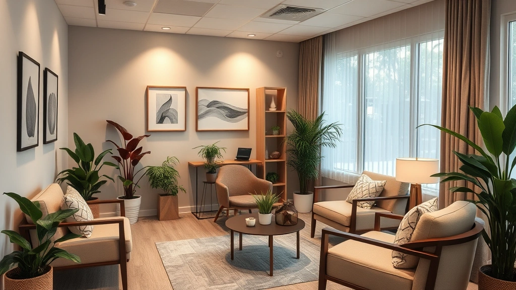 Serene therapeutic office interior with comfortable seating, warm lighting, plants, and calming neutral colors, professional yet welcoming atmosphere