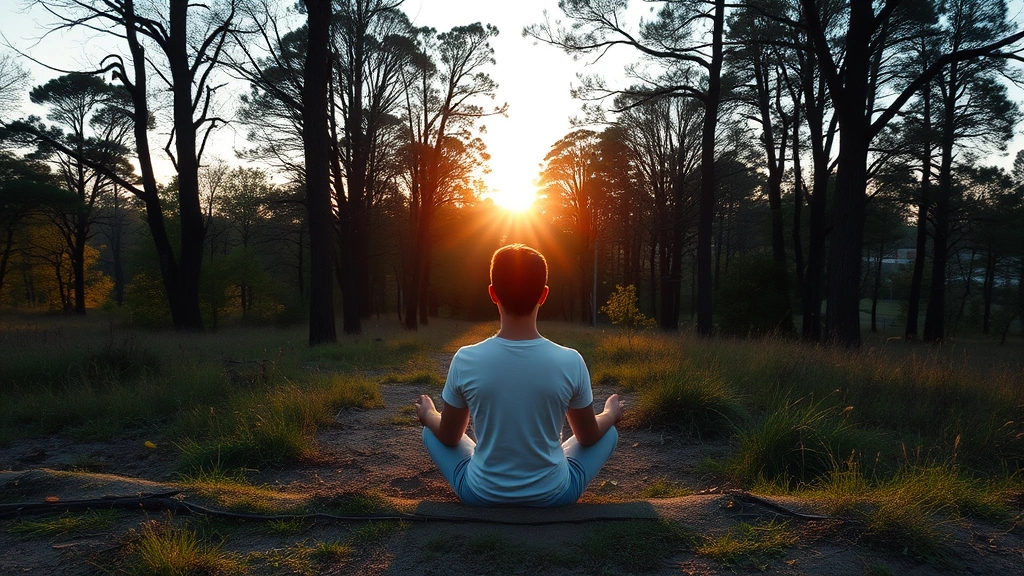 Person sitting peacefully in nature during sunrise, surrounded by trees and soft morning light, contemplative and hopeful posture