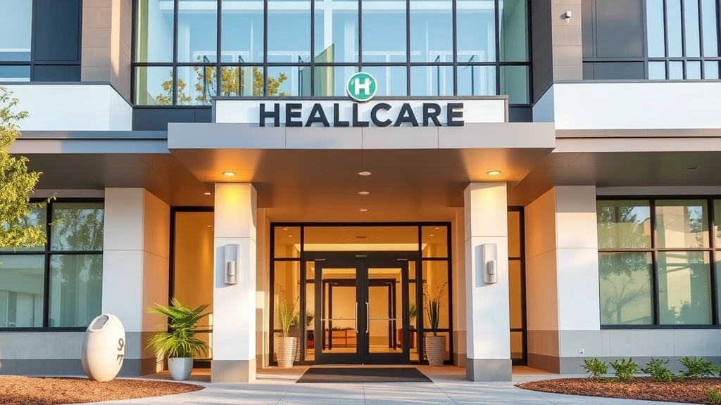 Modern healthcare facility entrance with welcoming architecture, natural lighting through large windows, clean professional design suggesting trust and care