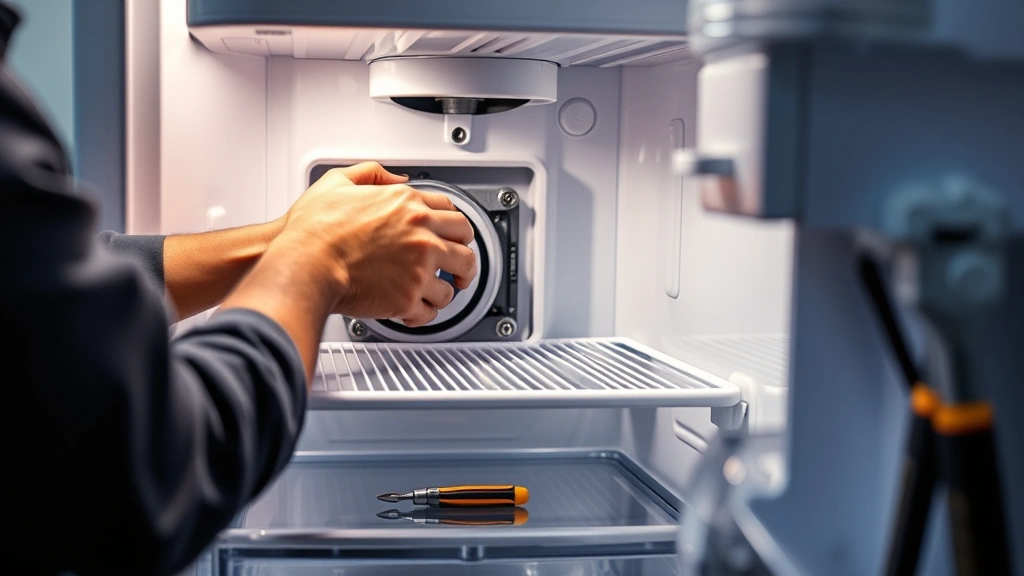 Technician's hands carefully inspecting the interior refrigerator damper assembly mechanism with tools nearby, documentary-style professional maintenance photography
