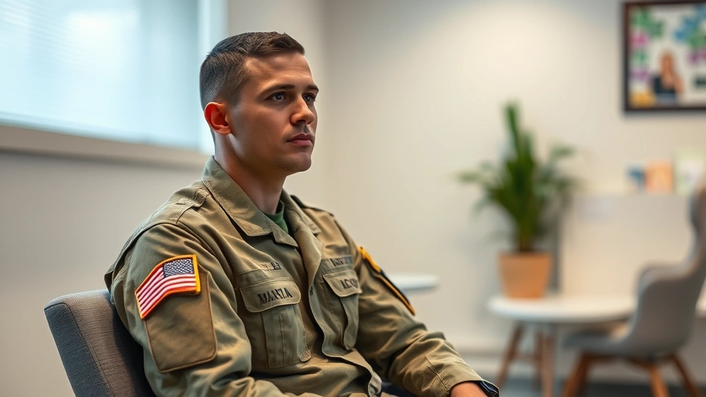 Military service member in uniform sitting in a calm, professional mental health clinic office with soft lighting and comfortable furniture, looking thoughtful and at peace