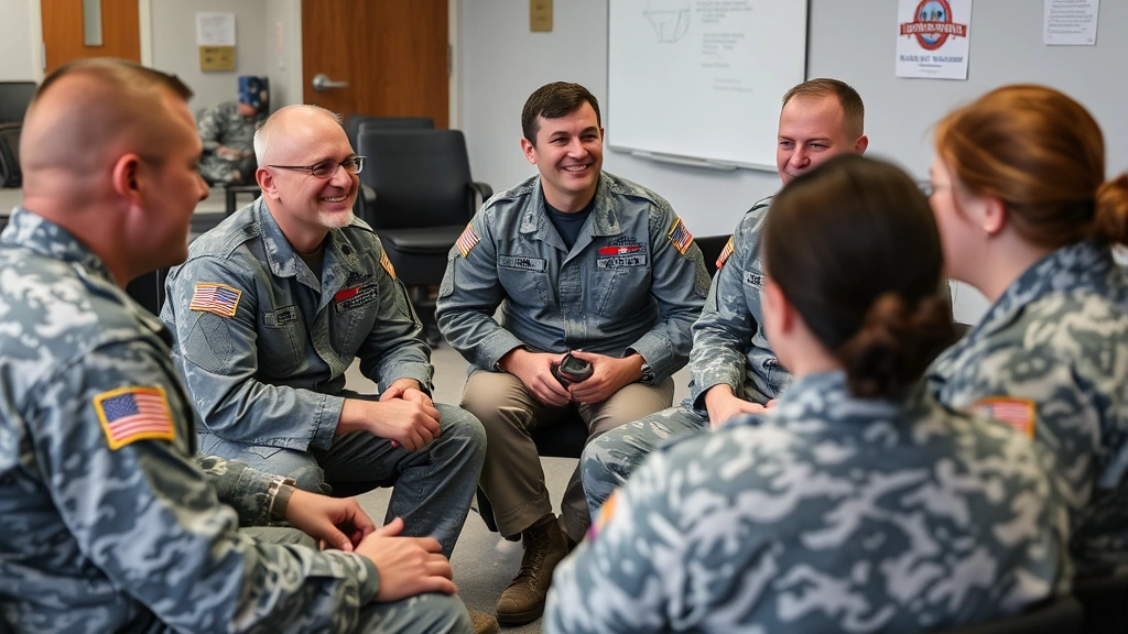 Air Force personnel in a supportive group setting, engaged in conversation and listening to each other with genuine connection and understanding in a welcoming environment