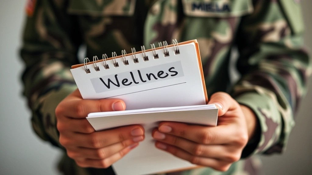 Close-up of hands holding a notebook with wellness notes, representing mental health planning, self-care, and personal resilience building in a military context