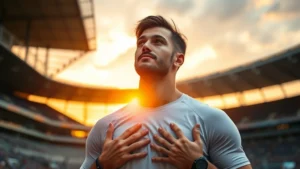 Professional athlete in stadium environment during sunset, focused expression, hands on chest, representing mental strength and self-awareness in high-pressure setting