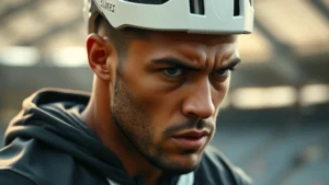 Professional athlete in deep focus during intense training session, concentrated facial expression, stadium background slightly blurred, morning light, photorealistic