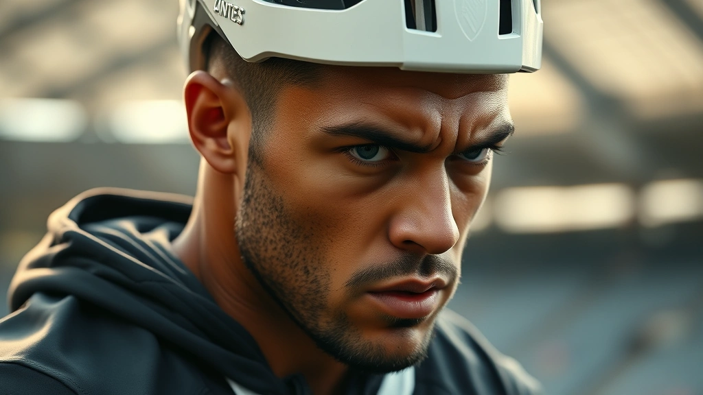 Professional athlete in deep focus during intense training session, concentrated facial expression, stadium background slightly blurred, morning light, photorealistic