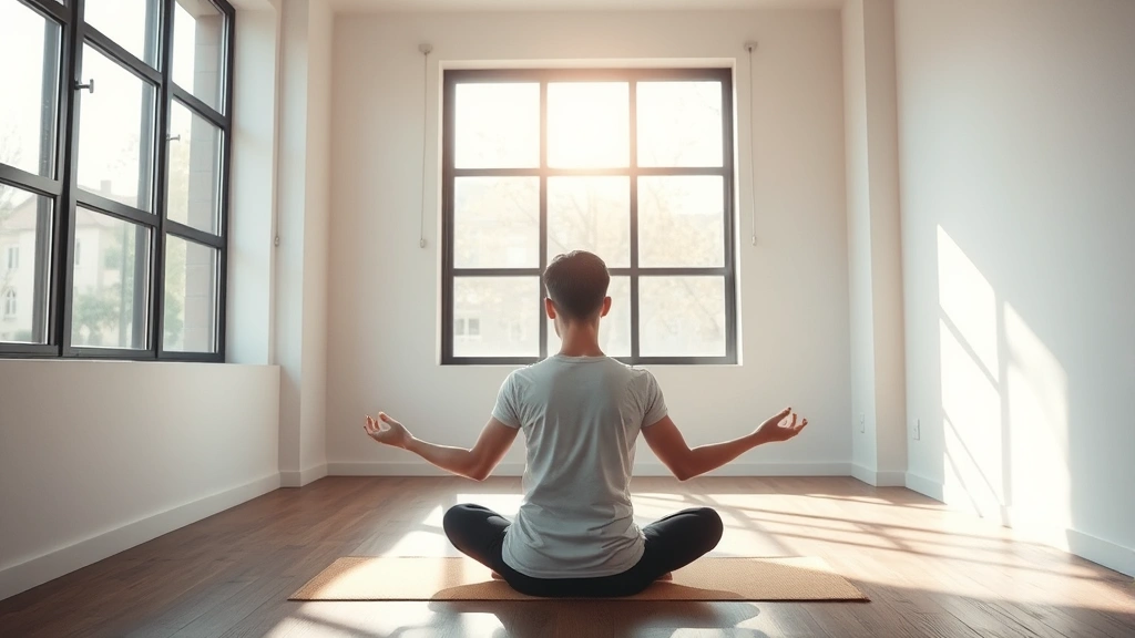 Person meditating peacefully in modern minimalist space, natural light streaming through windows, conveying mental clarity and calm resilience in performance