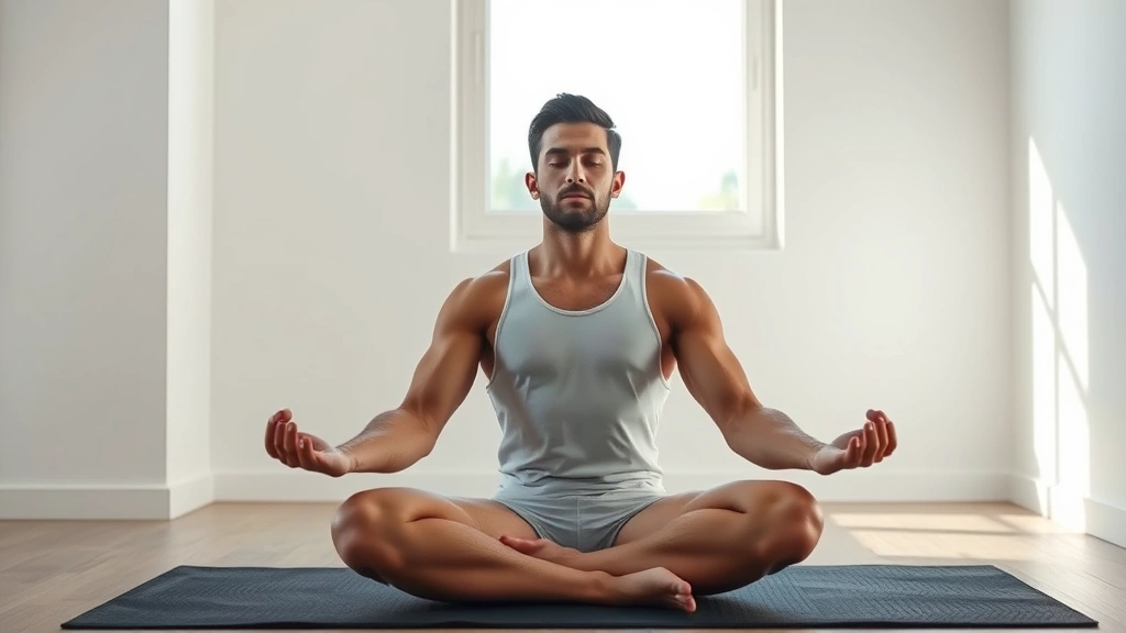 Person sitting peacefully during meditation in modern minimalist space, natural window light, calm composed expression, professional athletic build, photorealistic