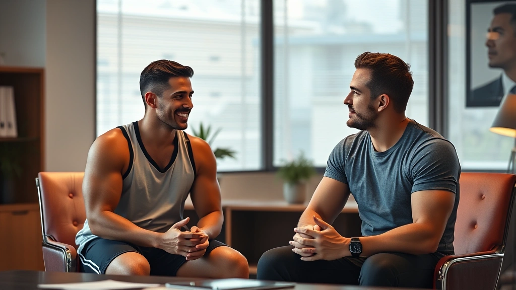 Athlete and sports psychologist having supportive conversation in professional office setting, both figures engaged and attentive, warm lighting, photorealistic