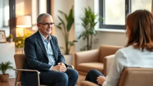 Professional therapist in modern clinical office setting, sitting across from client during counseling session, warm lighting, comfortable furniture, focused compassionate expression, natural window light