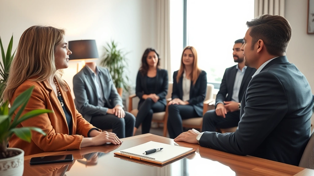 Professional counselor in modern office setting with warm lighting, notepad and pen on desk, calm therapeutic environment with plants and comfortable furniture, natural window light, diverse professional appearance