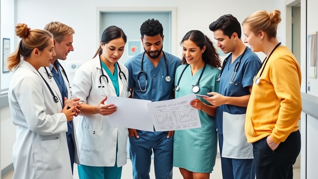 Group of healthcare professionals in clinical setting collaborating around patient chart, diverse team in scrubs and professional attire, hospital or clinic background, focused and engaged discussion