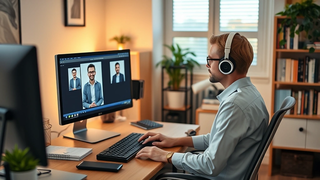Mental health professional at computer workstation in home office, teletherapy setup with professional background, warm ambient lighting, organized workspace with books and resources, engaged in virtual consultation