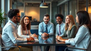 Professional diverse mental health clinicians in a modern office setting having a team meeting, warm lighting, collaborative atmosphere, no text or signage visible