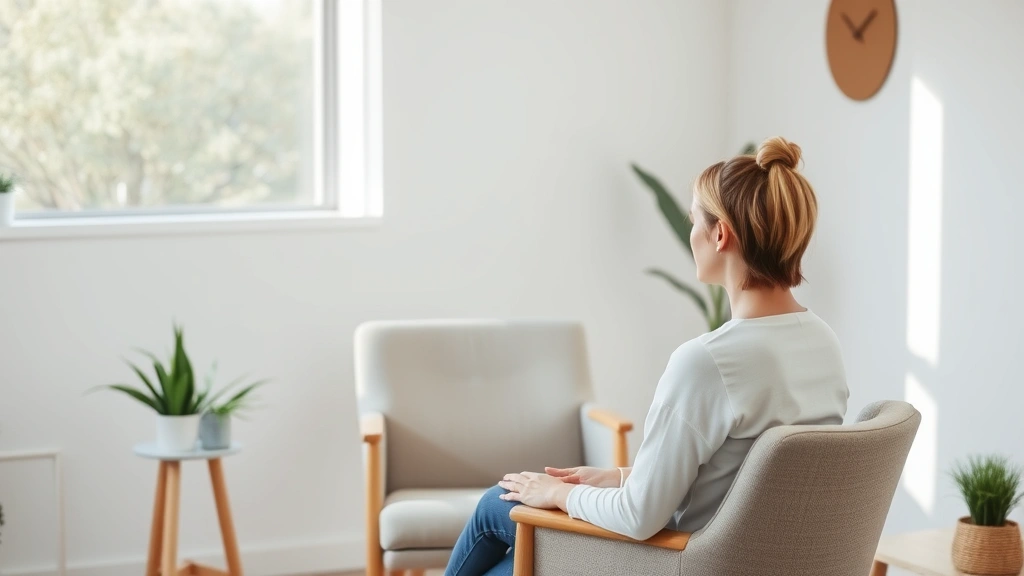Person sitting peacefully in comfortable chair during therapy session, minimalist calm interior space, natural window light, serene expression, focus on wellbeing