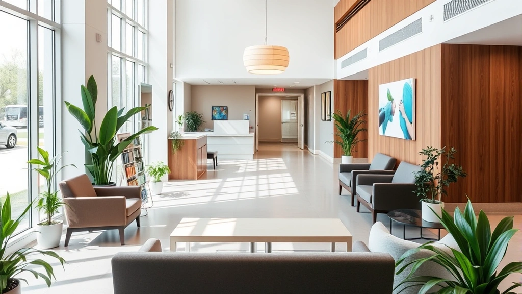 Modern healthcare facility reception area with welcoming comfortable seating, plants, natural light, clean contemporary design, no people or identifying markers