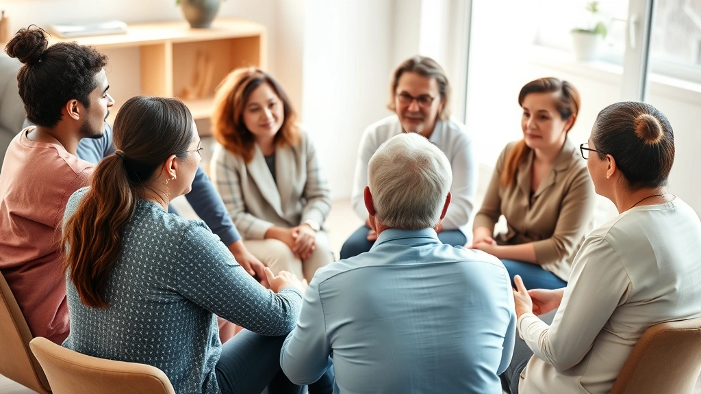 A diverse group of people in a supportive group setting, sitting in a circle, engaged in conversation with gentle expressions, representing therapeutic community and connection