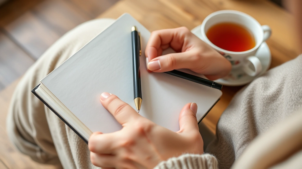 Close-up of hands holding a journal and pen with a cup of tea nearby, suggesting self-reflection, mindfulness practice, and personal mental health journaling in a peaceful environment