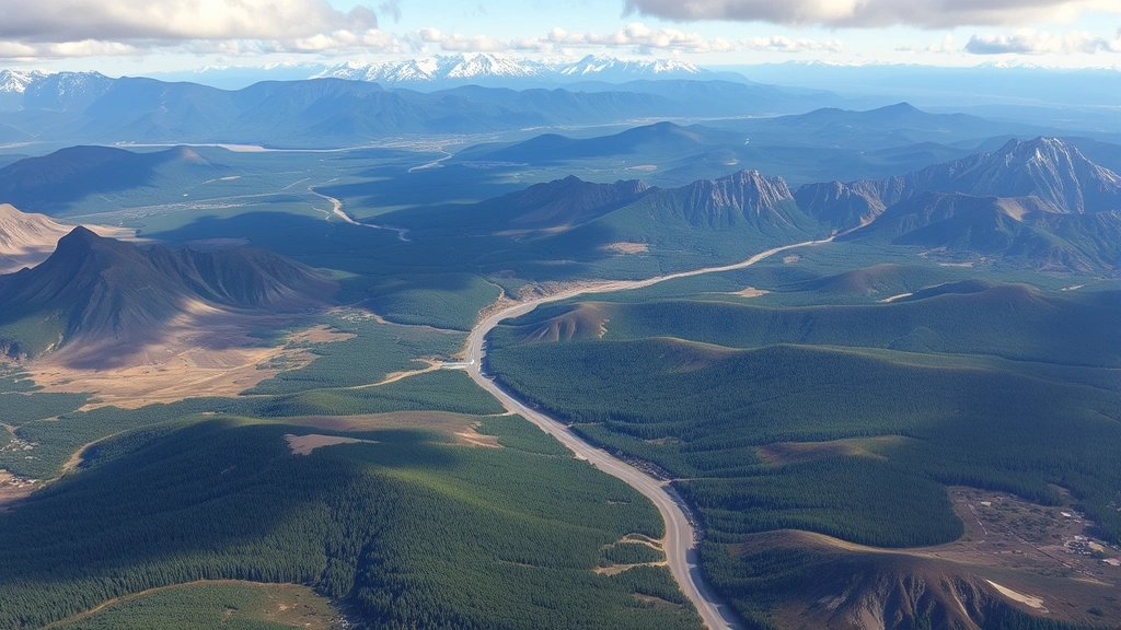 Aerial view of vast Alaskan wilderness landscape with diverse terrain, forests, and mountains under natural lighting, photorealistic style