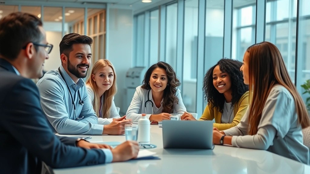 Professional diverse team in a modern healthcare facility having a collaborative meeting around a conference table, focused and engaged expressions