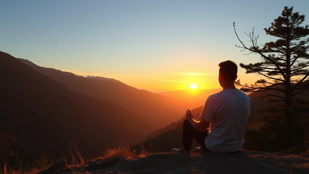 Serene natural environment showing a person sitting peacefully overlooking a mountain valley during golden hour, conveying mental wellness and calm