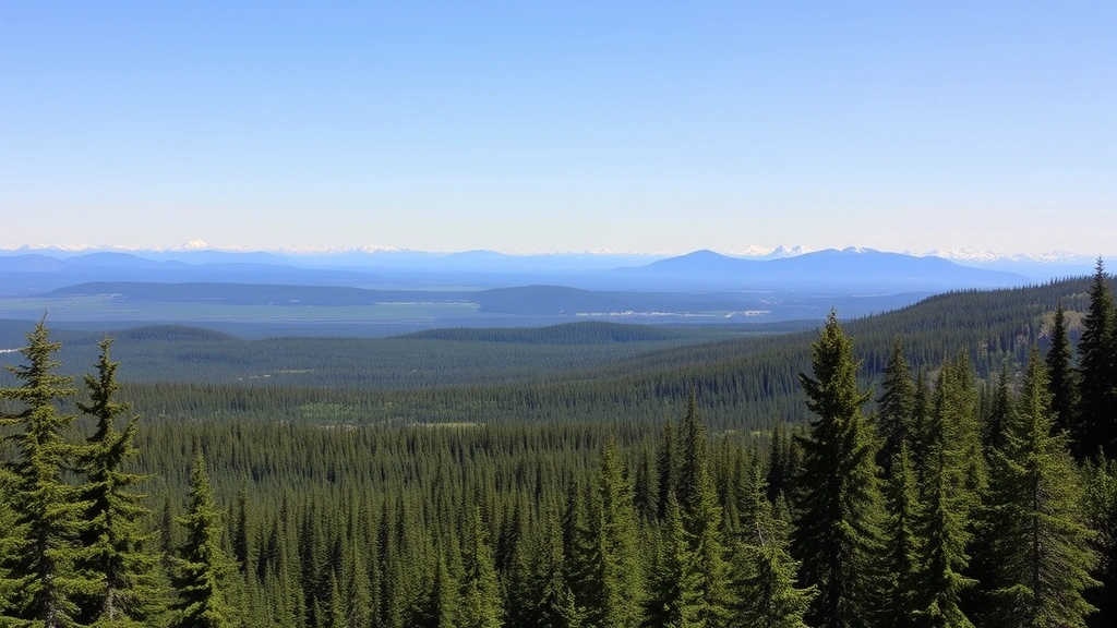 Expansive Alaskan wilderness landscape with dense evergreen forests, mountains in distance, pristine natural environment under clear sky, no text or numbers visible
