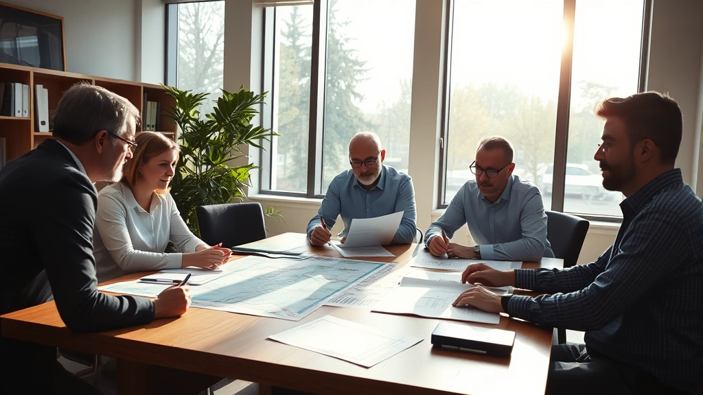 Professional office environment with people reviewing documents and maps at wooden table, sunlight through windows, collaborative atmosphere focused on planning and analysis
