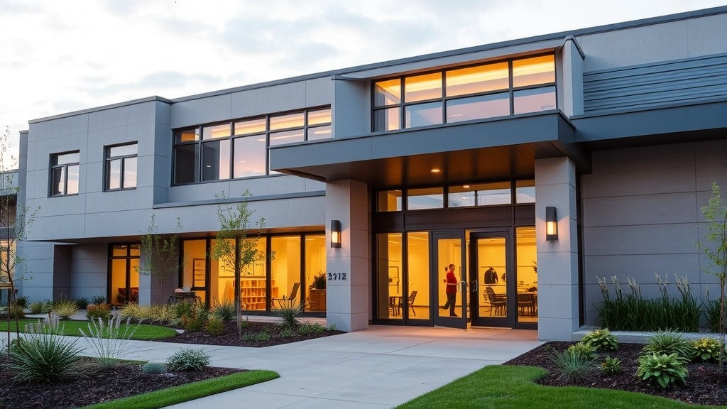 Modern mental health facility exterior with welcoming entrance, peaceful landscaping, architectural design suggesting care and safety, natural lighting and open spaces
